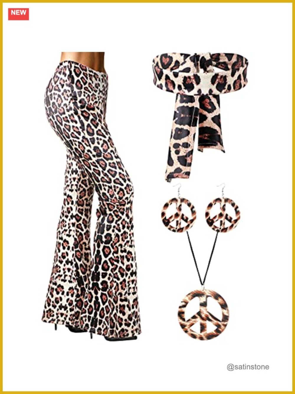 Womens 70s Hippie Costume Set Bell Bottom Pants Headband Necklace Earrings
